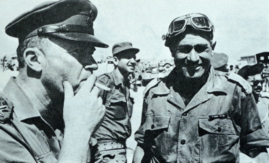 Israeli generals meet in the Six Day War 1967. Chief of staff Yitzhak Rabin (left) and General Yeshayahu Gavish (right) who from 1965 to 1969 was commander of the Southern Israeli command.