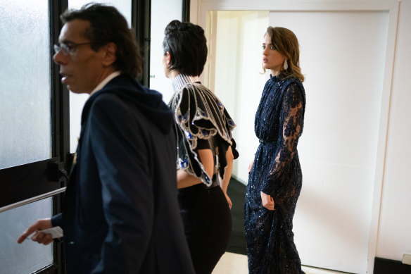 French actors Noémie Merlant, centre, and Adèle Haenel, right, leave the Cesar Film Awards 2020 Ceremony when the award for best director was given to Roman Polanski.