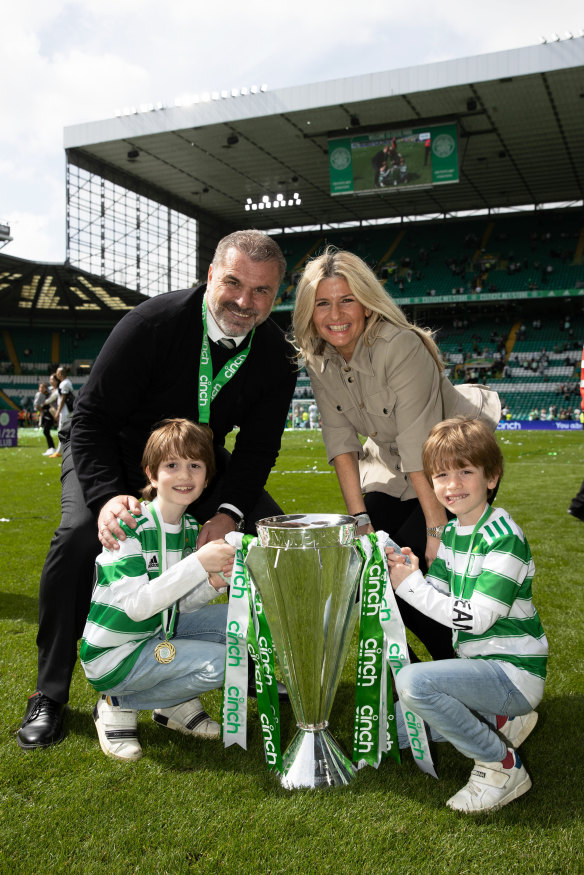 Ange Postecoglou, wife Georgia and kids Max and Alexi at Celtic Park, Glasgow, 2022.