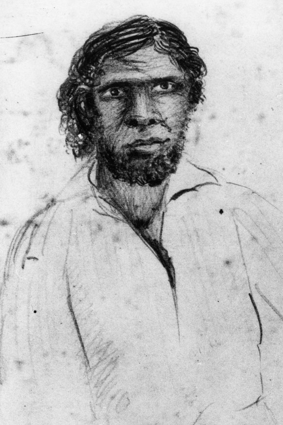 Aboriginal resistance leader Dundalli, in a sketch made before his “horribly botched” public hanging in Brisbane, 1855.