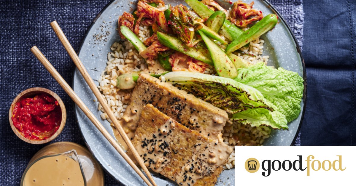Vegetarian dinner ideas Satay tempeh rice bowls with kimchi cucumbers