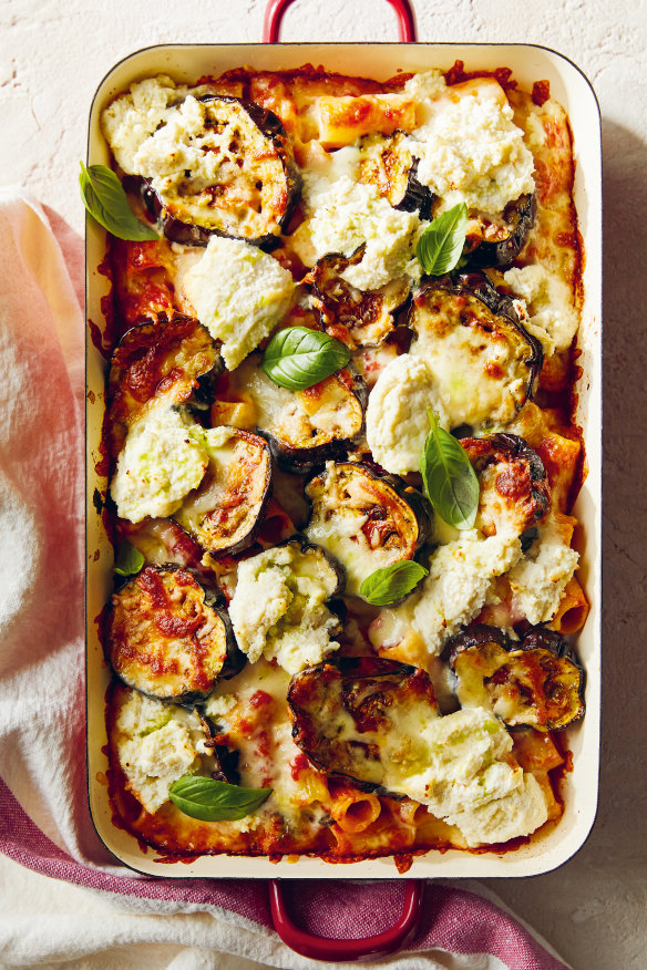 Pasta bake with crispy eggplant and ricotta. 