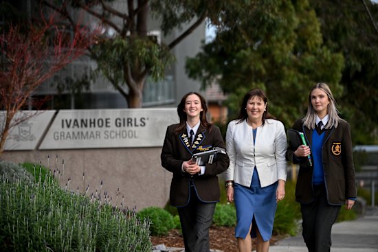 Ivanhoe Girls Grammar principal Deborah Priest with year 12 students Margo Joseph (left) and Greta Fuhr.