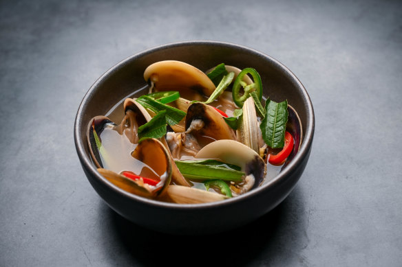 Clams in seafood broth.