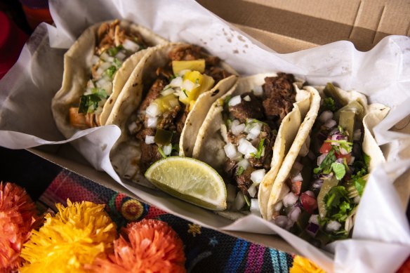 Tacos filled with cactus, chicken, beef and al pastor pork.
