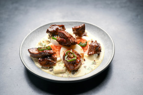 Go-to dish: Chicken livers with eggs and gribiche.