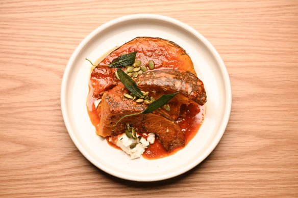 Roasted pumpkin with ricotta, 𝄒nduja butter, fried sage and toasted pepitas.