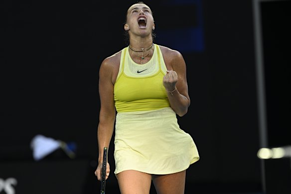Aryna Sabalenka celebrates a hard fought point in her round one match.