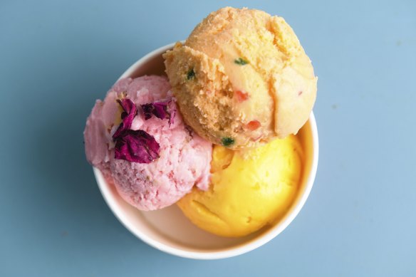 Exotic rose, Alphonso mango and tutti frutti ice-cream.