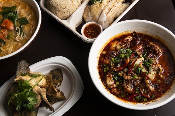 Clockwise from bottom: Chilli fish soup, salmon head soup and Hainanese chicken rice. 
