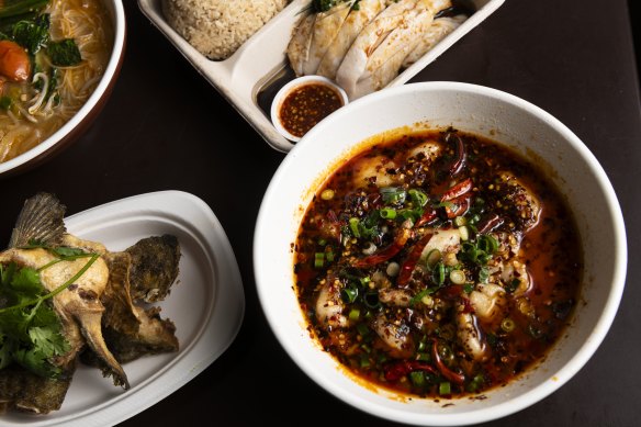Clockwise from bottom: Chilli fish soup, salmon head soup and Hainanese chicken rice. 