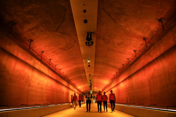 An underground pedestrian link in the new Martin Place metro station in April 2024.
