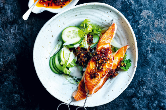 Seared chilli salmon with coconut cucumber salad.