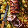 One-tray pork and creamy potato roast. 