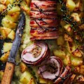 One-tray pork and creamy potato roast. 