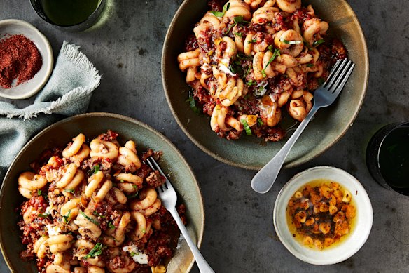 An easy midweek pasta dish that riffs on the flavours of Turkish manti dumplings.