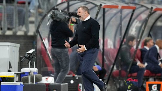 Postecoglou reacts during the Europa League qualifying play-off between AZ and Celtic in the Netherlands in August.