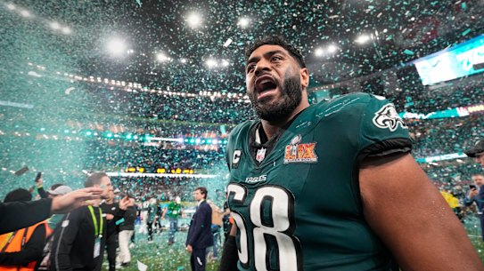 Australian Jordan Mailata after winning the Super Bowl.
