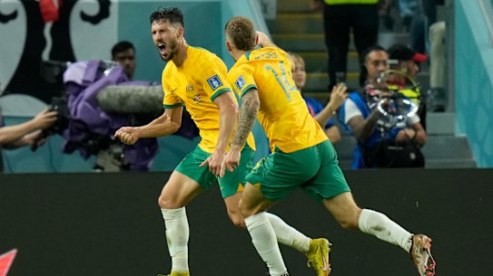Mathew Leckie celebrates his goal.