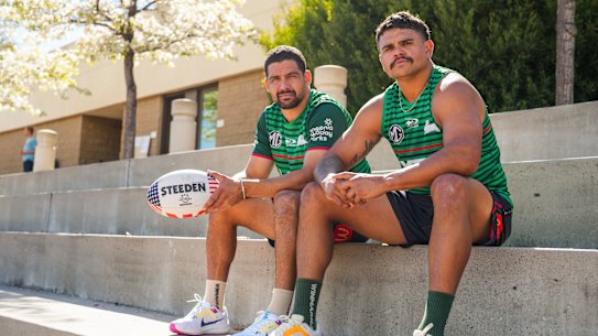 Cody Walker and Latrell Mitchell in San Diego with the special edition American Steeden to be used in Las Vegas next week.