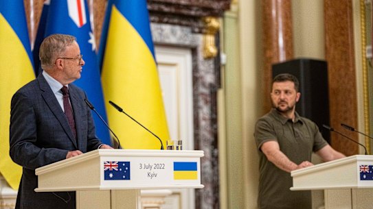 Prime Minister Anthony Albanese at a press conference with Ukrainian President Volodymyr Zelensky.