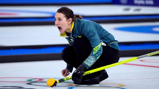 Australia’s Tahli Gill, directs her team mate, during the mixed doubles curling match against Norway on Saturday February 5. 