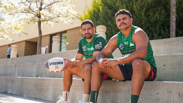Cody Walker and Latrell Mitchell in San Diego with the special edition American Steeden to be used in Las Vegas next week.