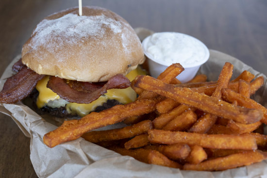 The Boss Burger with sweet potato fries.