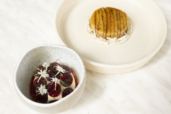 Baumkuchen with cherry and burnt honey (right).