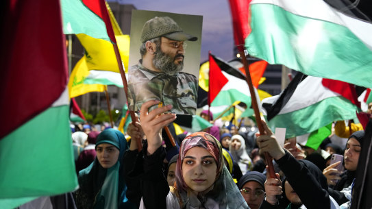 A Hezbollah supporter during a rally in the southern Beirut suburb of Dahiyeh, Lebanon, celebrating the Hamas attacks on Israel.