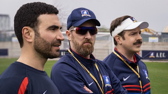 Brett Goldstein, Brendan Hunt and Jason Sudeikis in the new season of Ted Lasso.