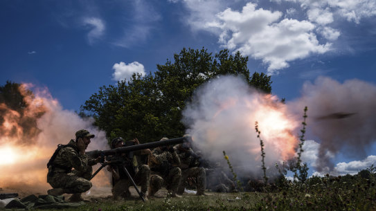 Ukrainian servicemen shoot with SPG-9 recoilless gun during training in the Kharkiv region.