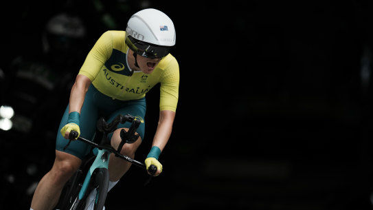 Grace Brown competing in the time trial in the Tokyo Olympics.