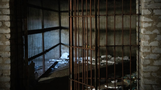A cage believed to have been used by Russian occupying forces in Kozacha Lopan, Ukraine.