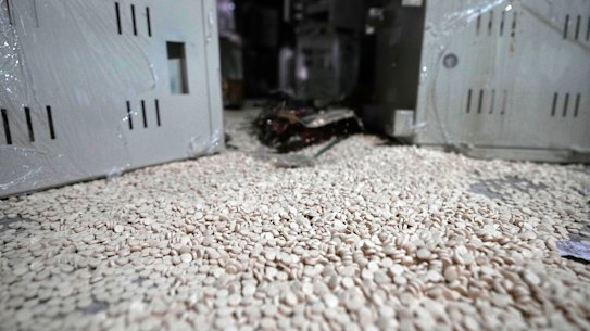 Amphetamine pills, known as Captagon, found hidden in electrical components at the lab in Douma, Syria.