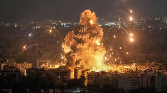 Flames and smoke rise from an Israeli airstrike in Dahiyeh, Beirut, Lebanon, Sunday, October 6, 2024.