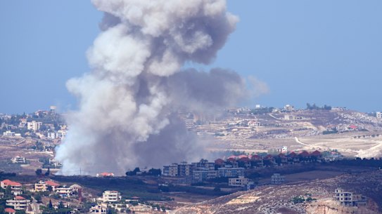 Smoke rises from Israeli airstrikes on villages in the Nabatiyeh district, seen from the southern town of Marjayoun, Lebanon.