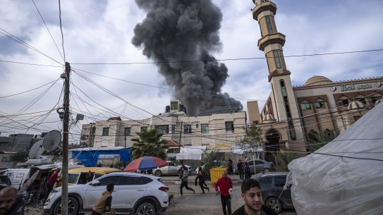 Smoke rises following an Israeli bombardment in Rafah, south Gaza.