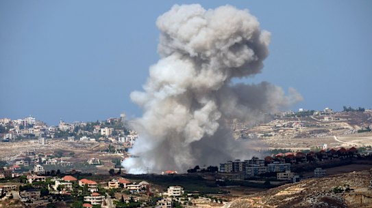 Smoke rises from Israeli shelling on villages in the Nabatiyeh district, seen from the southern town of Marjayoun, Lebanon.