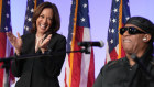 Kamala Harris onstage with singing legend Stevie Wonder during a church service and early voting event in Jonesboro, Georgia. 