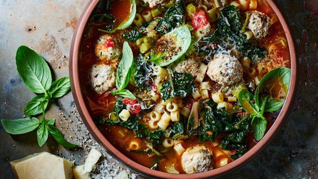 Minestrone pasta soup with pork and ricotta meatballs.