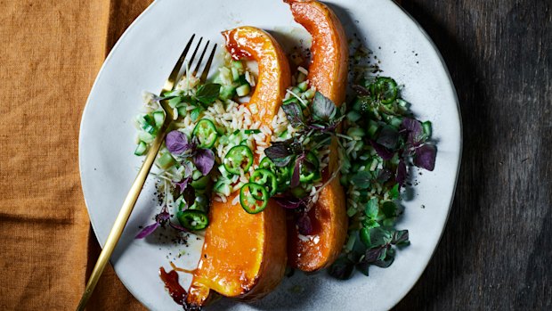 An accidentally vegan roasted pumpkin and brown rice salad with a Japanese twist.