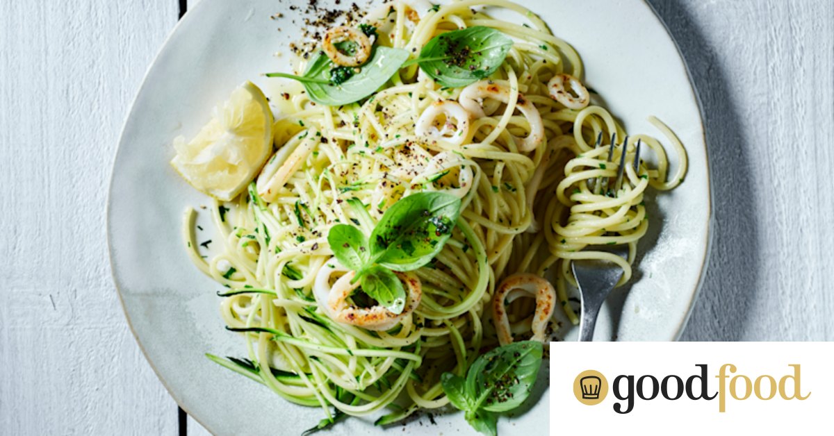 Seafood spaghetti recipe with grilled calamari, zucchini and green chilli butter