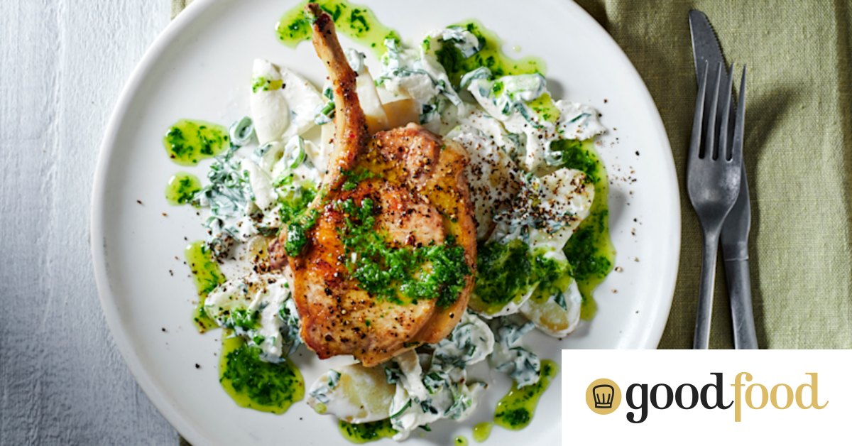 Burrata potato salad recipe with pork cutlets and spring onion butter