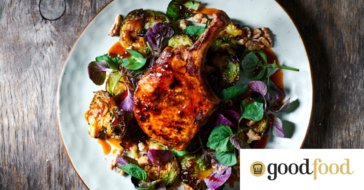 Hot-sauce pork chops with crispy Brussels sprouts