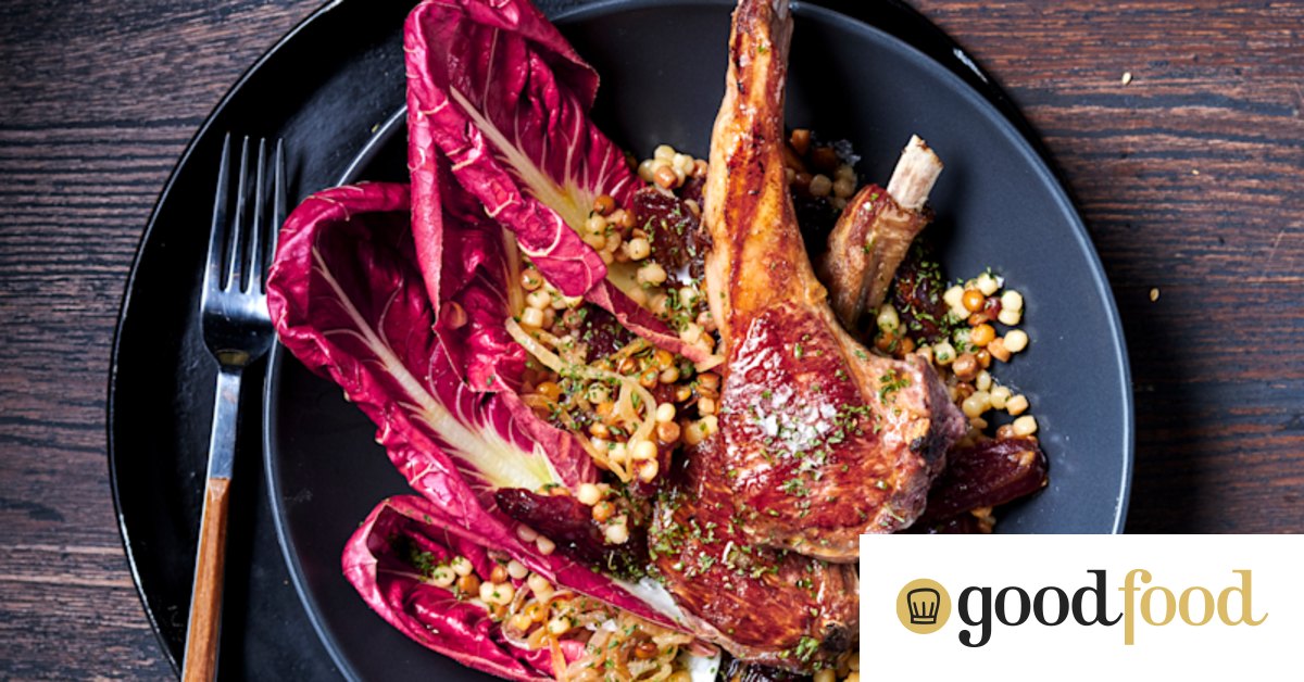 Lamb cutlets with cous cous and quick-pickled dates
