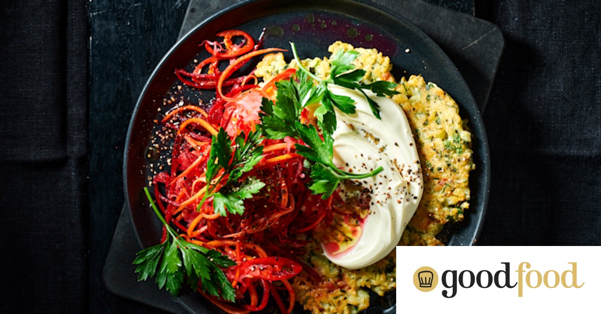 Crispy rice and herb fritters with mixed vegetable chilli kraut
