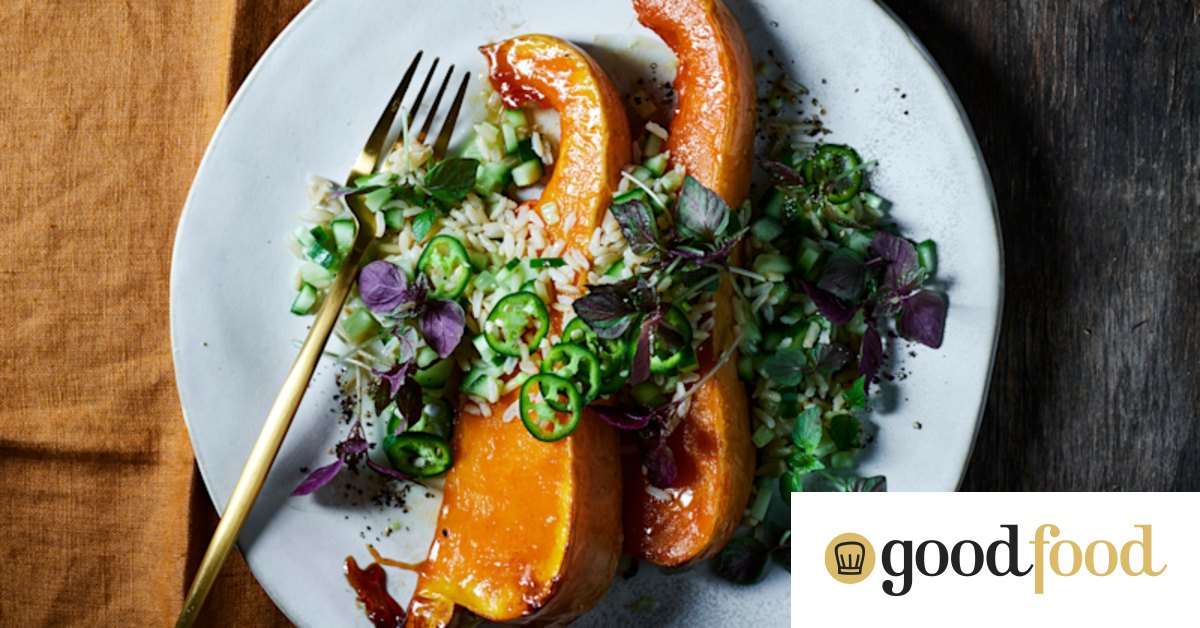 Tonkatsu butternut pumpkin with cucumber, wasabi and brown rice salad