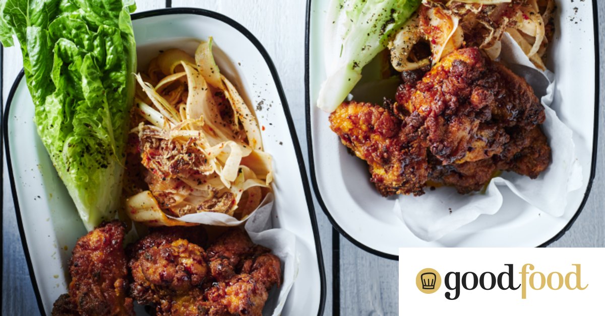 Korean fried chicken salad with kimchi slaw