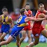 Jarrod Witts of the Suns competes for the ball during the round one AFL match between Gold Coast Suns and West Coast Eagles.
